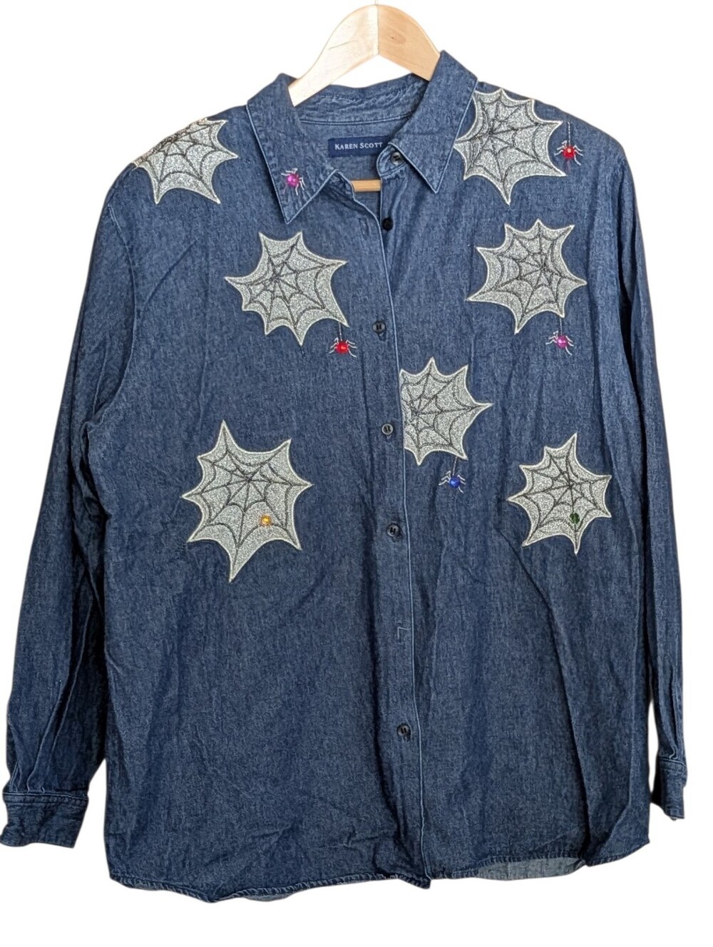 Karen Scott Dark Blue Denim Shirt XL Embroidered Spiderwebs Halloween Spooky